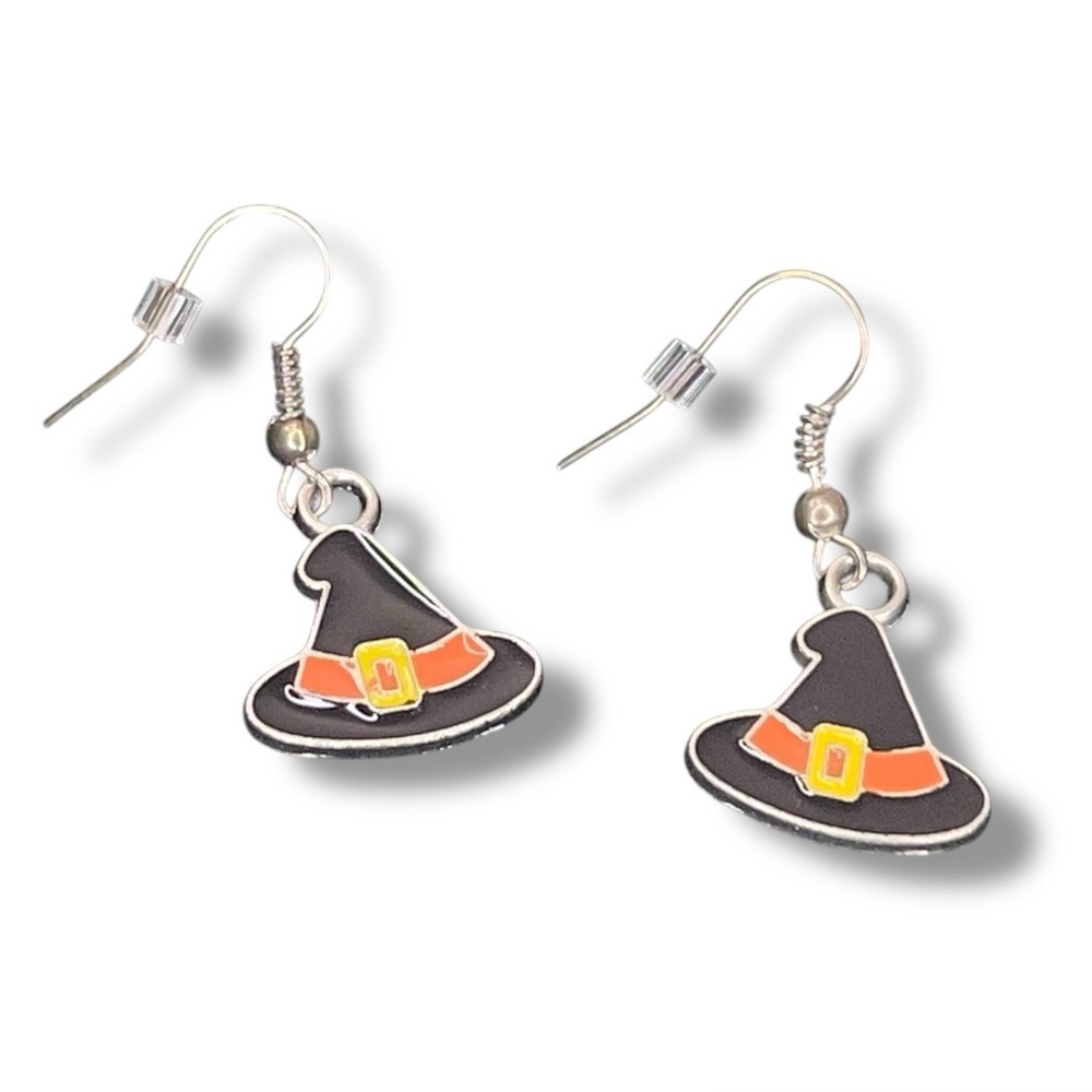 Vintage 90s Witch Hat Earrings Dangle Style Black Orange Silver Halloween Goth